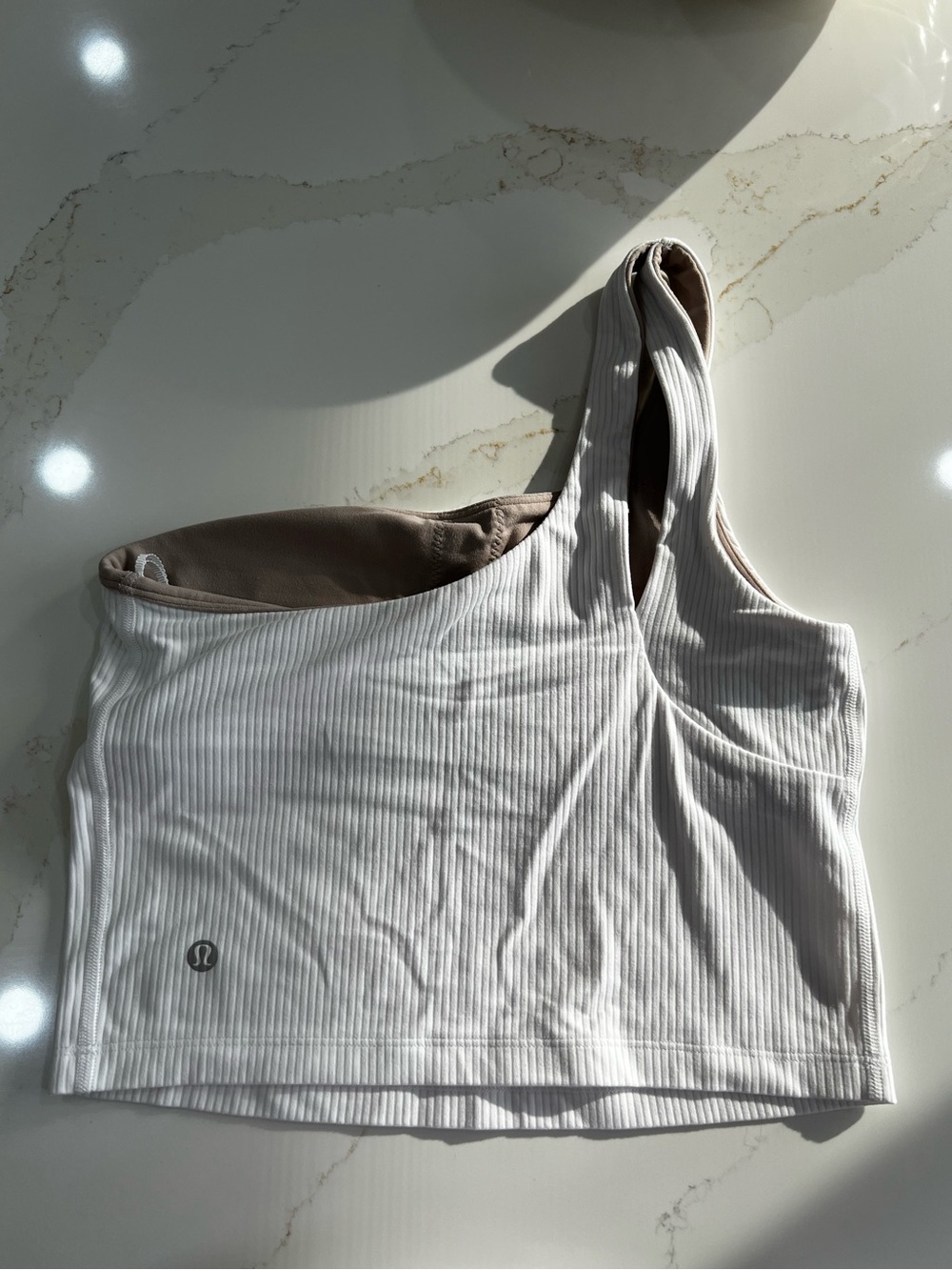 lululemon athletica One-Shoulder Ribbed Crop Top in White and Tan